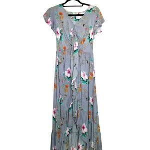 Umgee Floral Gray Maxi Dress Ruffle Hem Short Flutter Sleeves High Low S Cottage